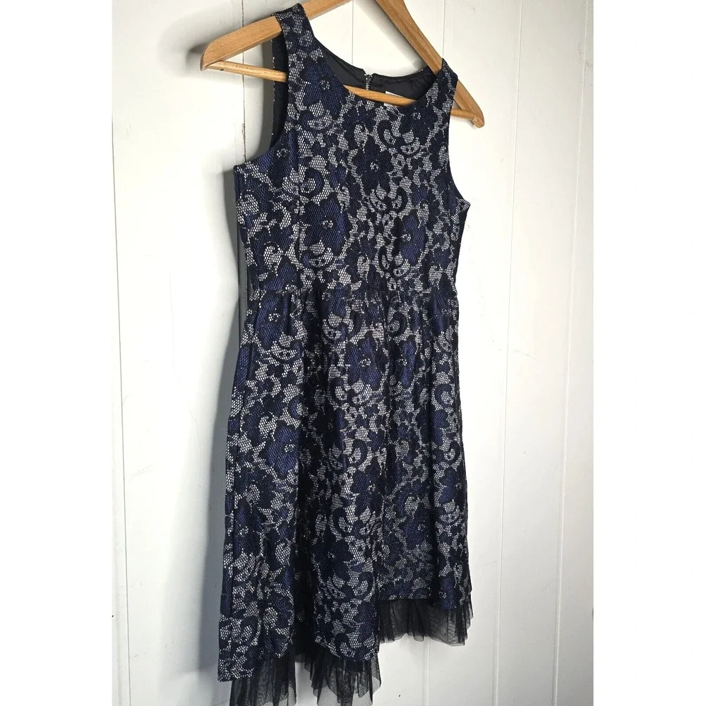 Justice Lace Tulle Fit and Flare Dress Girls 14 Navy Blue Silver Holiday Party